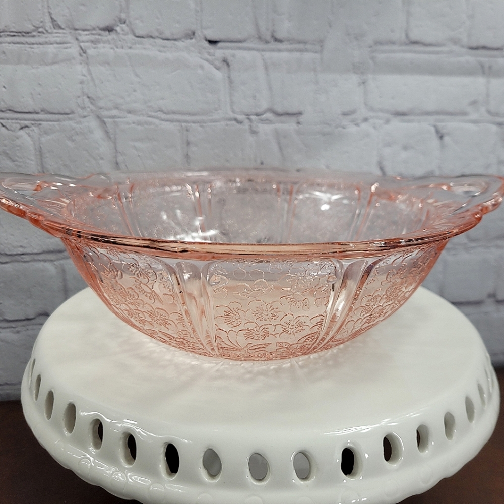Jeannette Glass Pink Depression Glass Cherry Blossom Two Handle Serving Bowl